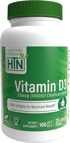 Health Thru Nutrition Vitamina D3 1,000iu 25mcg colecalciferol Mini cápsulas blandas para un máximo beneficio Probado en tercera parte Grado USP