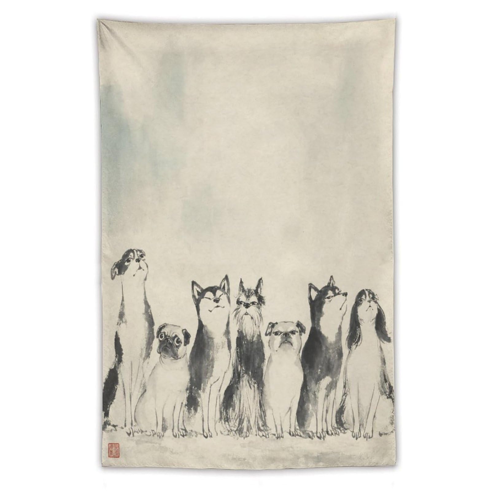 W7C8U2X3 White Dog Group Wall Tapestry, Asian Ink Style, Reading Corner