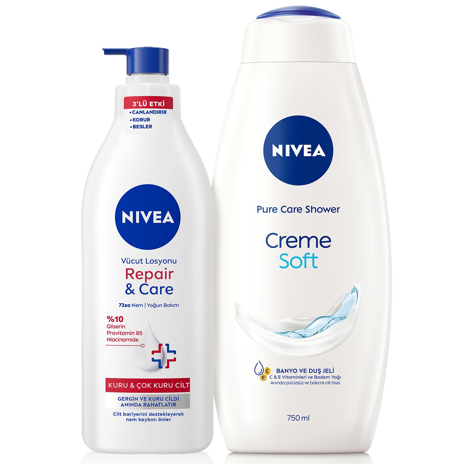 Nivea Creme Soft Banyo ve Duş Jeli 750ml ve Repair&Care Yoğun Nemlendirici Vücut Losyonu 400ml, Kuru Cilt