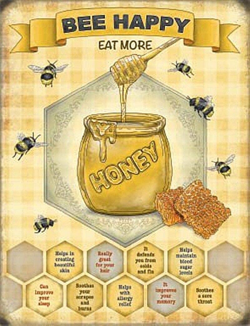 Bee Happy Eat More Honey Retro Metal Tin Sign Vintage Aluminum Sign for Kitchen Home Cafe Wall Decor 8x12 Inch