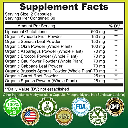 Liposomal Glutathione 500Mg Made With Organic Whole Foods - Glutathione Liposomal Supplement For Maximum Absorption - Master Antioxidant & Detoxifier - Immune & Cardiovascular Support - 60 Count #TOP7