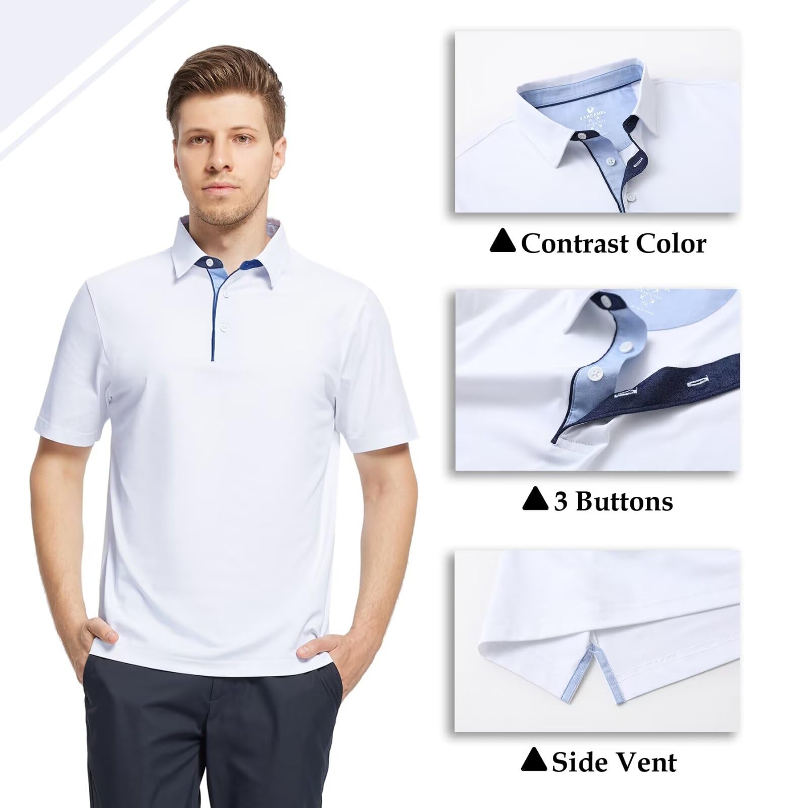 Polo Casual para Hombre, Manga Corta, Mezcla de algodón Mercerizado, Transpirable, Ajuste clásico, Polo de Negocios, Blanco, Large