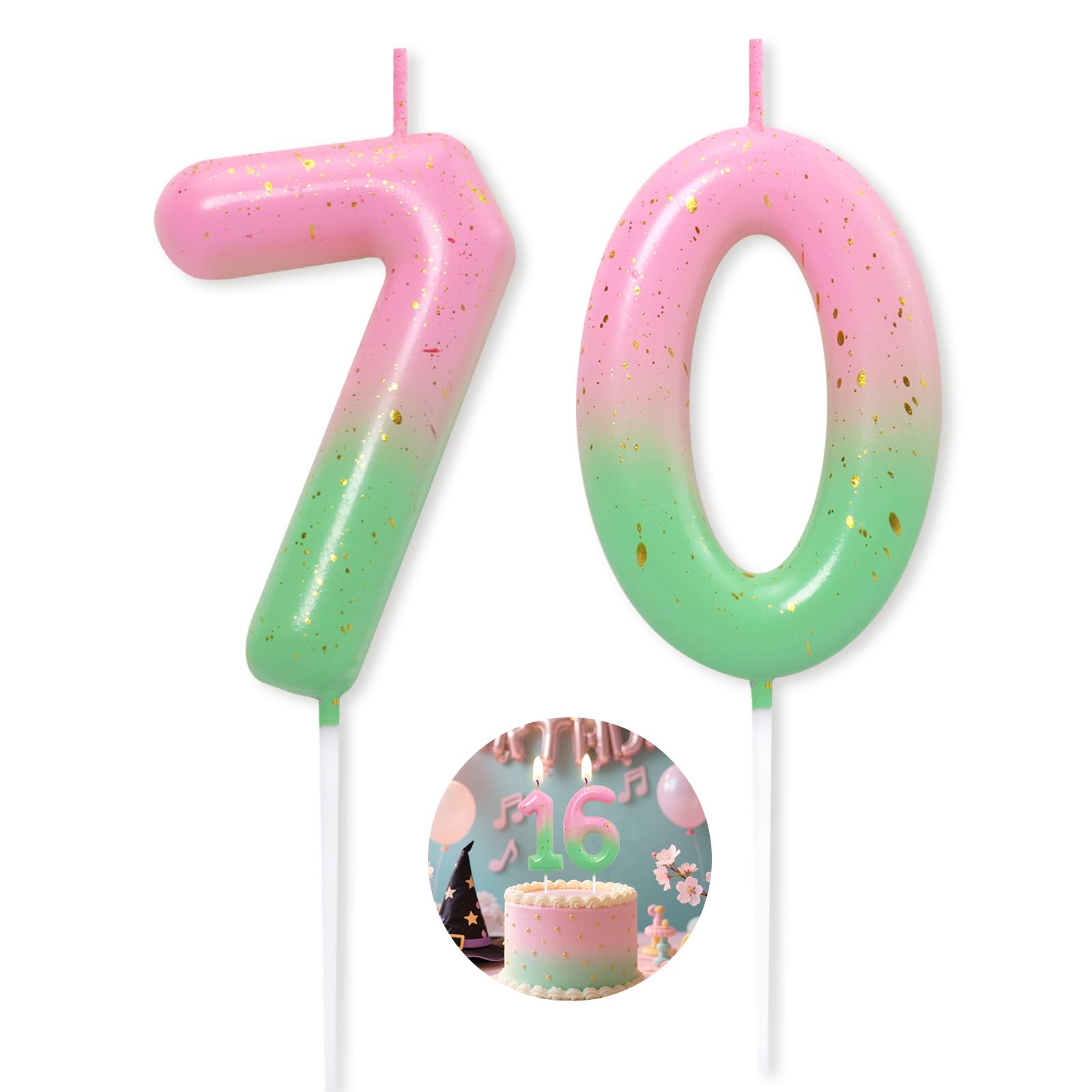 Pink Green Number 70 Candle Happy Birthday 3D Number Candles for Birthday Cake Party Decoration Wedding Anniversary Celebration Supplies