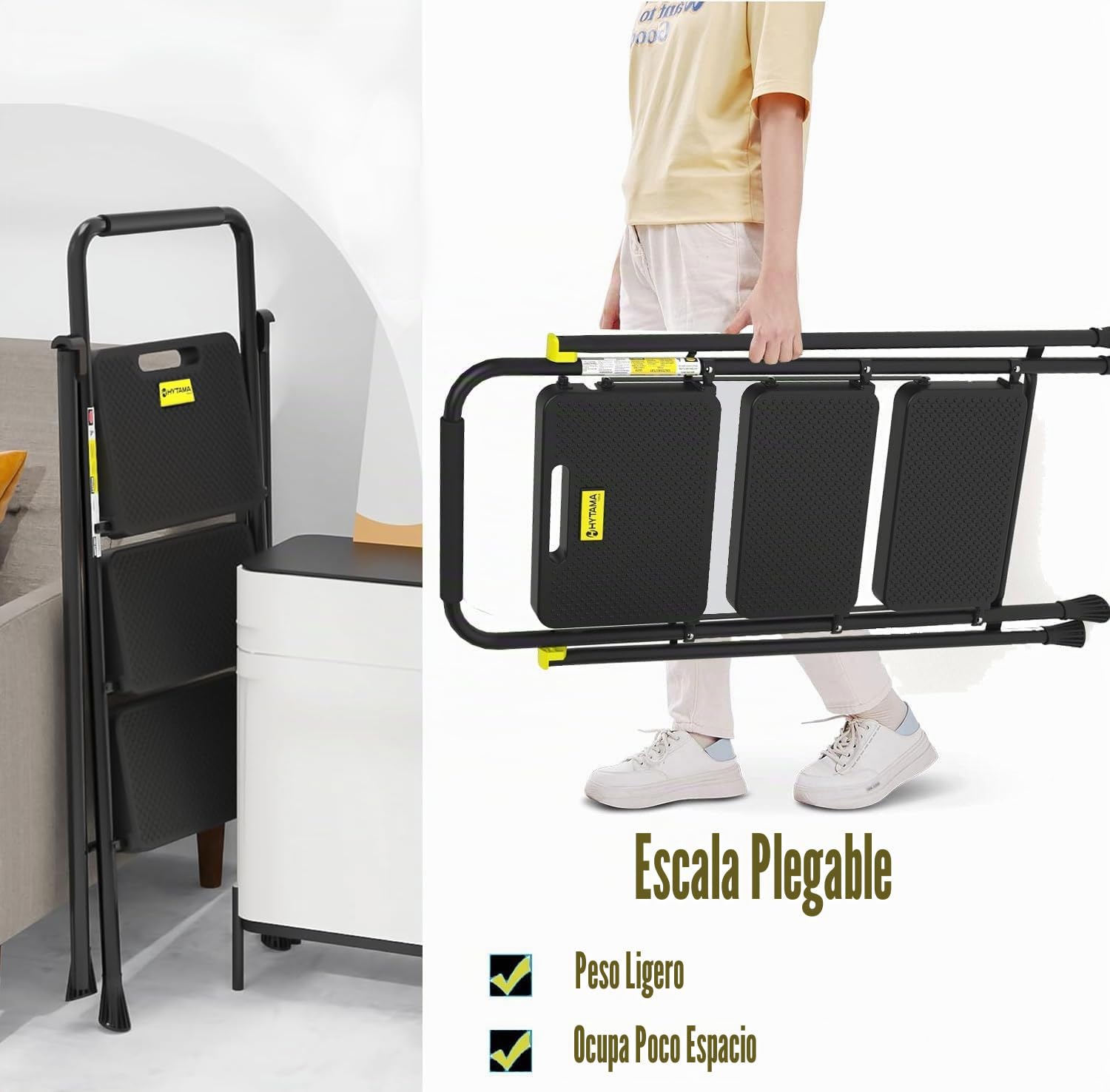 HYTAMA TOOLS Escalera Plegable 3 Peldaños, Estructura de Acero con Pies Antideslizantes, Capacidad de Carga Probada hasta 250kg, Negra