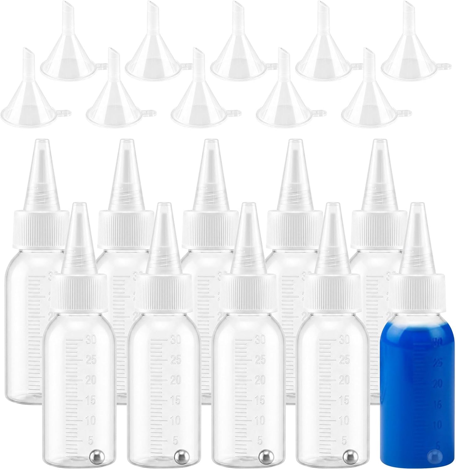 10-Pack Airbrush Paint Bottles with Scale, 1oz (30ml) Empty Plastic Squeeze Dispensing Bottle, Resealable Acrylic Storage Container with 10 Mixing Balls & 10 Funnels for Ink, Craft Liquid