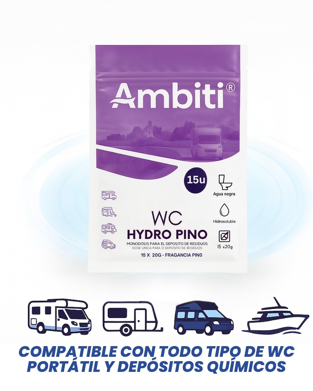 Ambiti | WC Hydro | Monodosis Hidrosolubles para Depósito de Residuos de Autocaravanas,Caravanas y Campers| Antibacteriano| Elimina Deshechos Orgánicos y Papel Higiénico| Fragancia Pino| 15ud