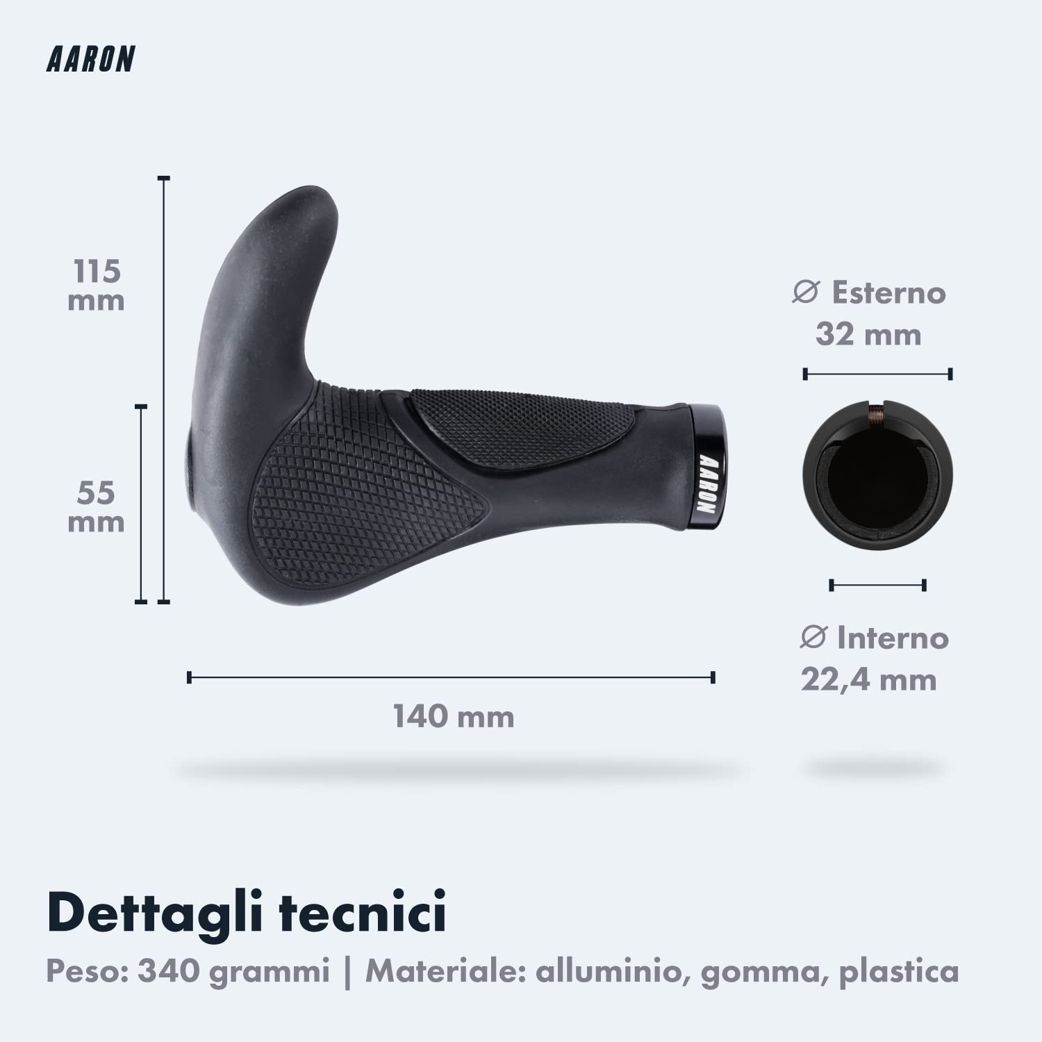 AARON Horn - Impugnature per manubrio bicicletta con gel ammortizzante - struttura ergonomica in gomma antiscivolo - per bici elettrica, da trekking, mountain bike, da turismo, ecc.
