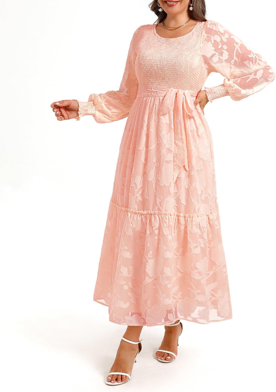 Pinup Fashion Plus Size Fall Dress - 2025 Wedding Guest Long Sleeve Floral Lace Long Dress with Belt