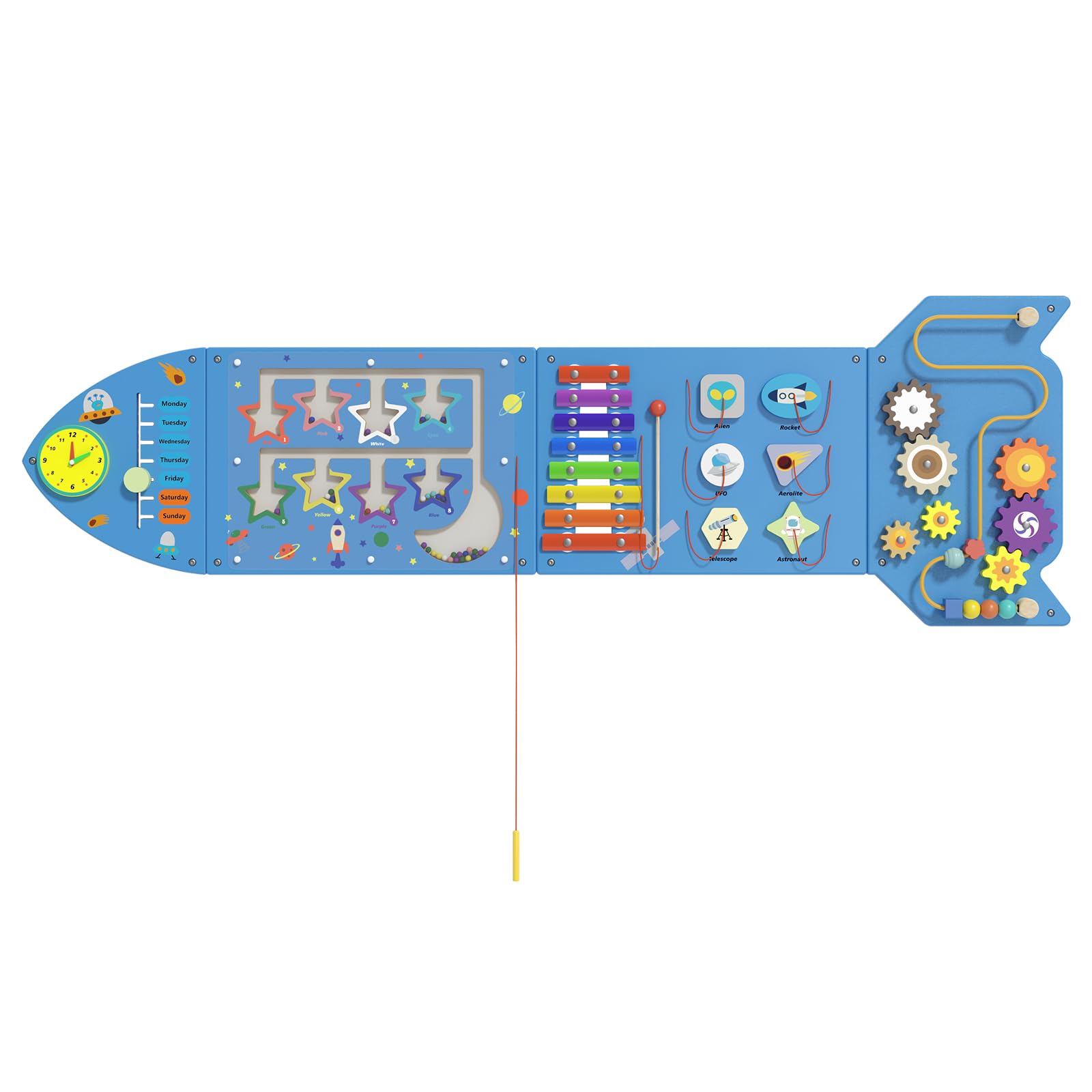 Spacocld Montessori Busy Board - Blue Rocket Activity Wall Panels, Wall Toys for Toddlers 3+, Sensory Panels for Kids, Wooden Activity Cubes, Playroom Daycare Toys, Toddler Sensory Board (4PCS)​