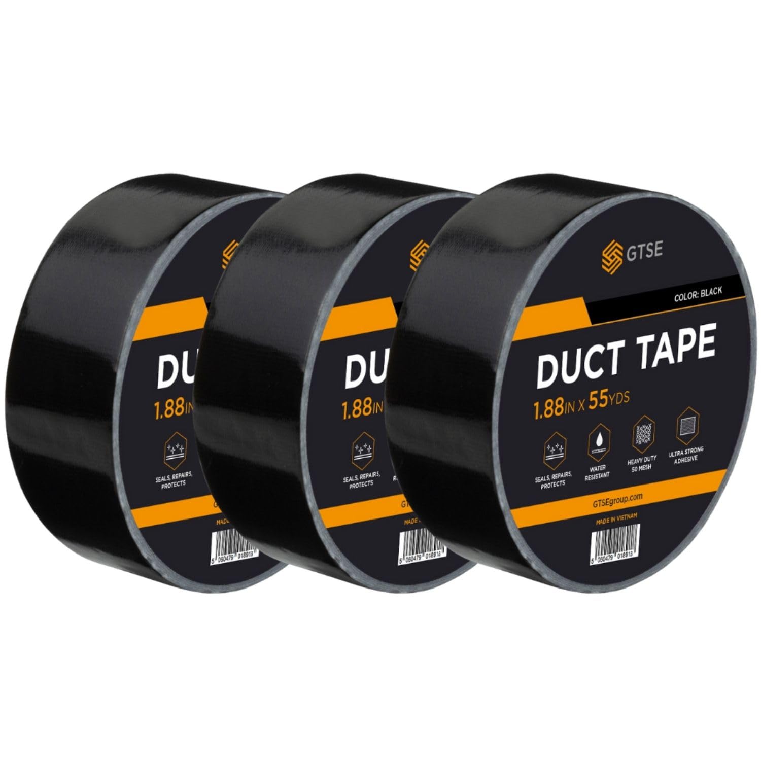 GTSE - Ruban Adhésif Toilé Duct Tape 50 m x 48 mm Noir Lot de 3 rouleaux