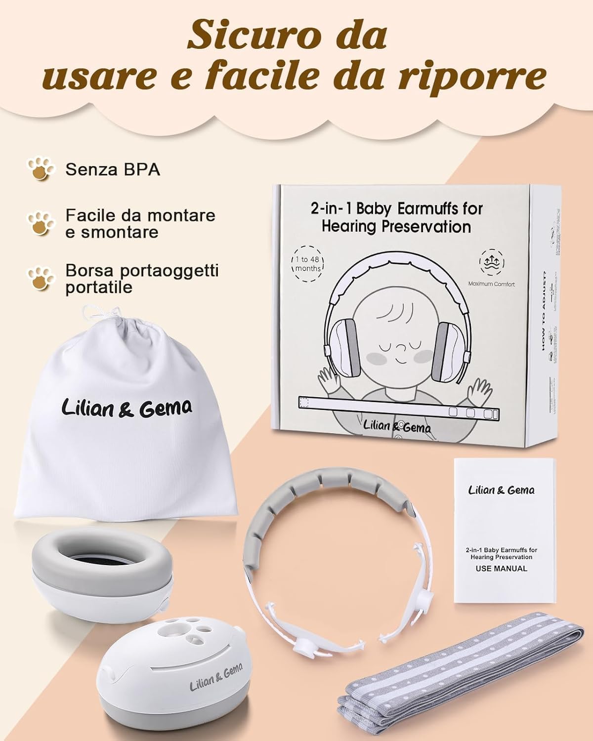Generico 2 in 1 Cuffie Neonato Antirumore -25dB,Protettori acustici per neonati, archetto regolabile, antiscivolo e antistress, protezione acustica ideale per neonati fino a 48 mesi