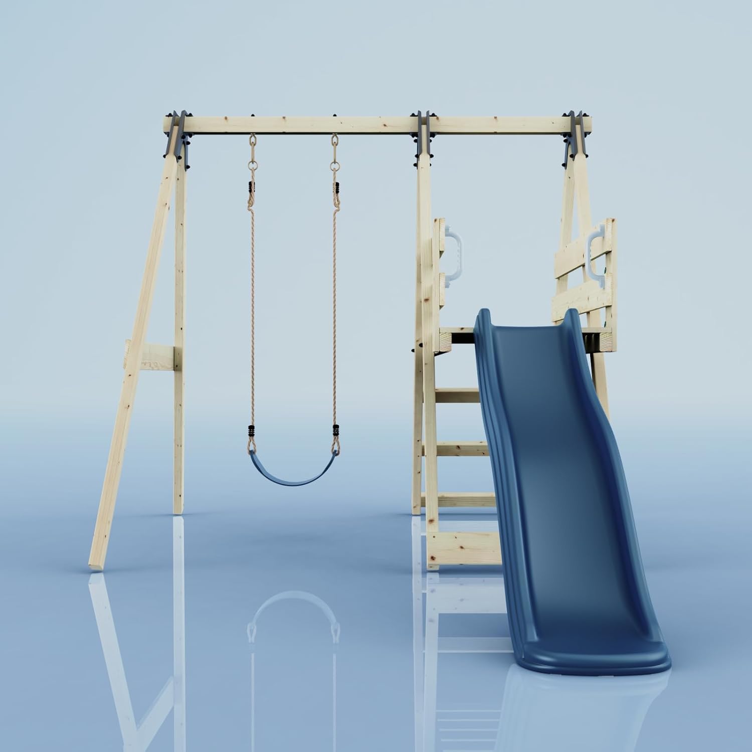REBO Orchid Wooden Swing with Slide, front view with swing in motion