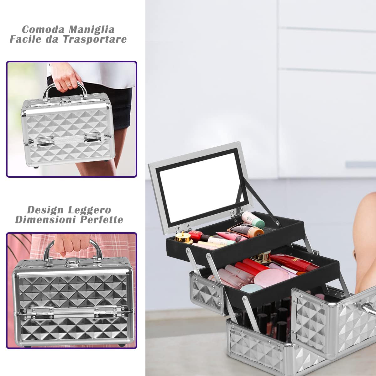 RELAX4LIFE Valigetta Rigida per Trucchi da Viaggio, Mini Valigia Portatile per Cosmetici in ABS e Alluminio, con Specchio, Manico e Chiusura, Design a Tre Strati Pieghevole, 23x15x18cm
