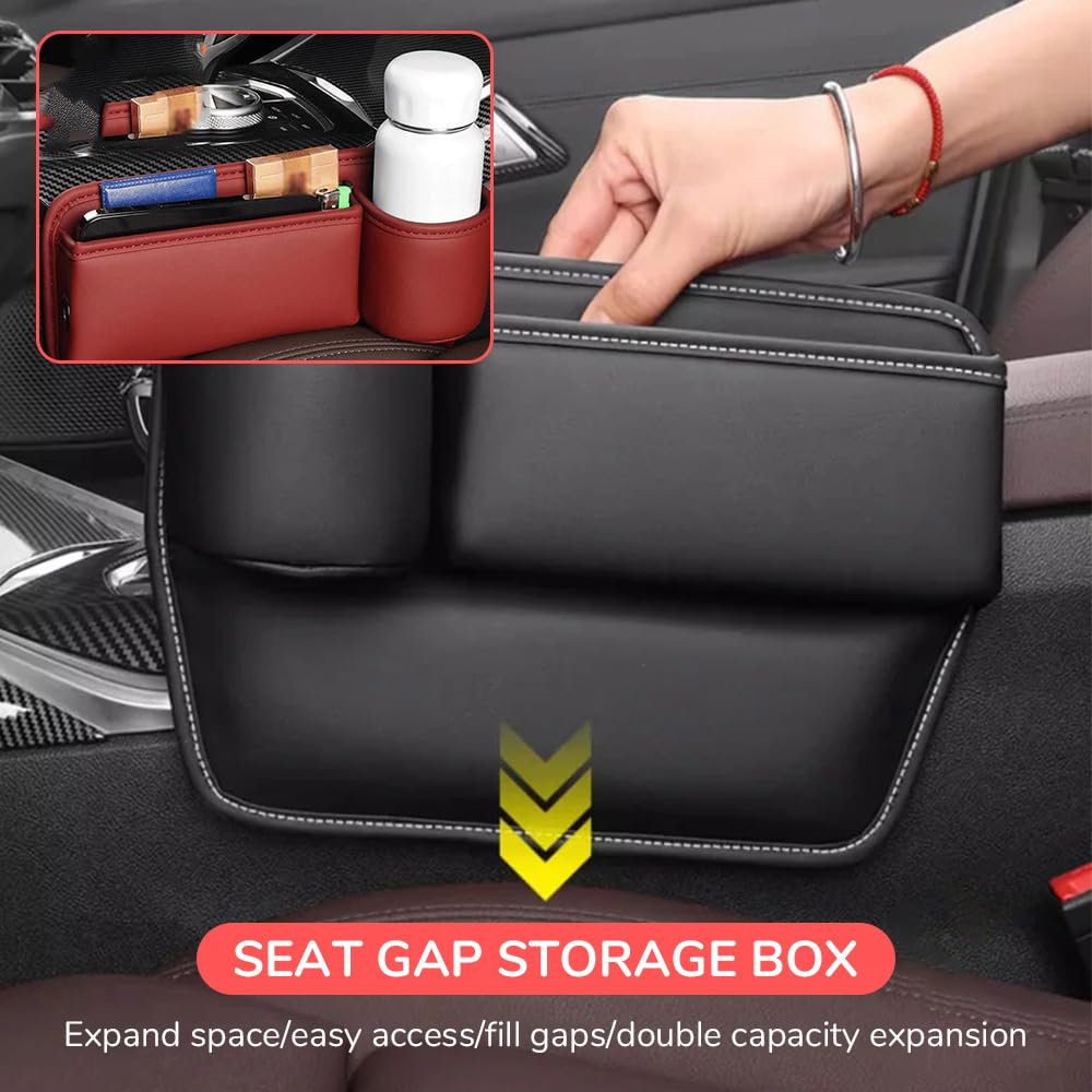 Car Leather Cup Holder Gap Bag, Custom Seat Gap Storage Box With Logo/Text, Adjustable Car Seat Storage Box, Leather Car Seat Gap Organizer, For Glasses Phones Keys And Cards (Driver Side,Black