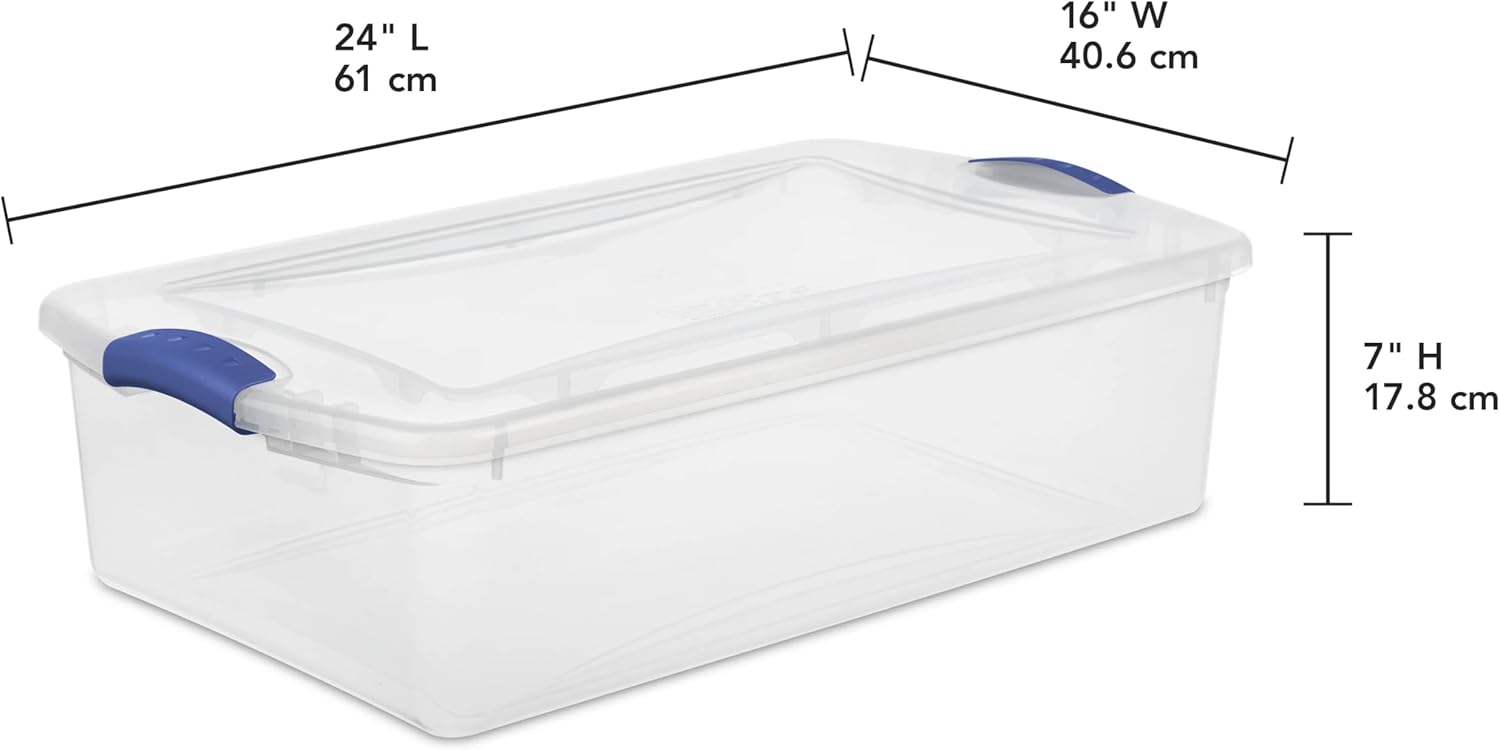32 Quart Latch Box, Clear Plastic Storage Bin with Lid, Blue Latch, 2 Pack