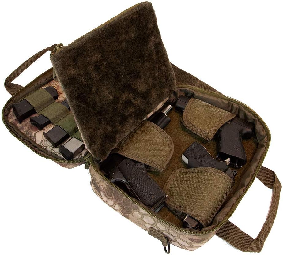 Pistol Case Range Bag for Handguns by FirstChoice; 2-4 Gun Padded Tactical Handgun Soft Case, Lockable Zippers w/Padlock, 3 Mini-Holsters, 8 Mag Slots, 4 Pockets, Range Mat (Green Kryptek Camo)
