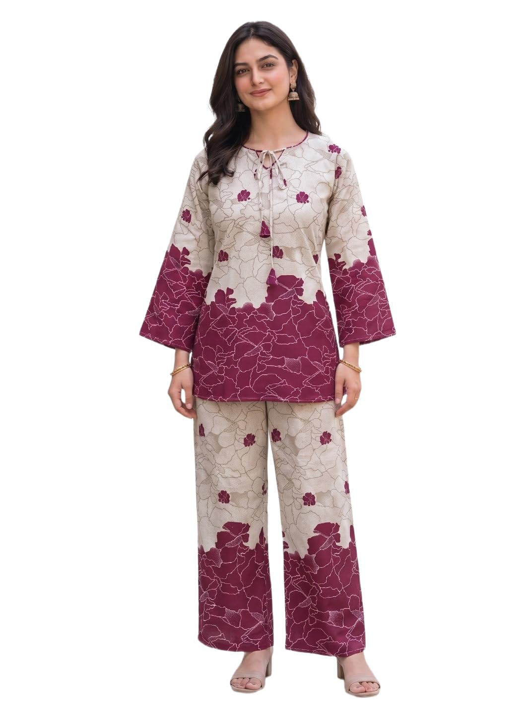 lalan art Women Off White Floral Printed Diamond Flex Co-Ord Set with Flared Top & Straight Pants-picture-27