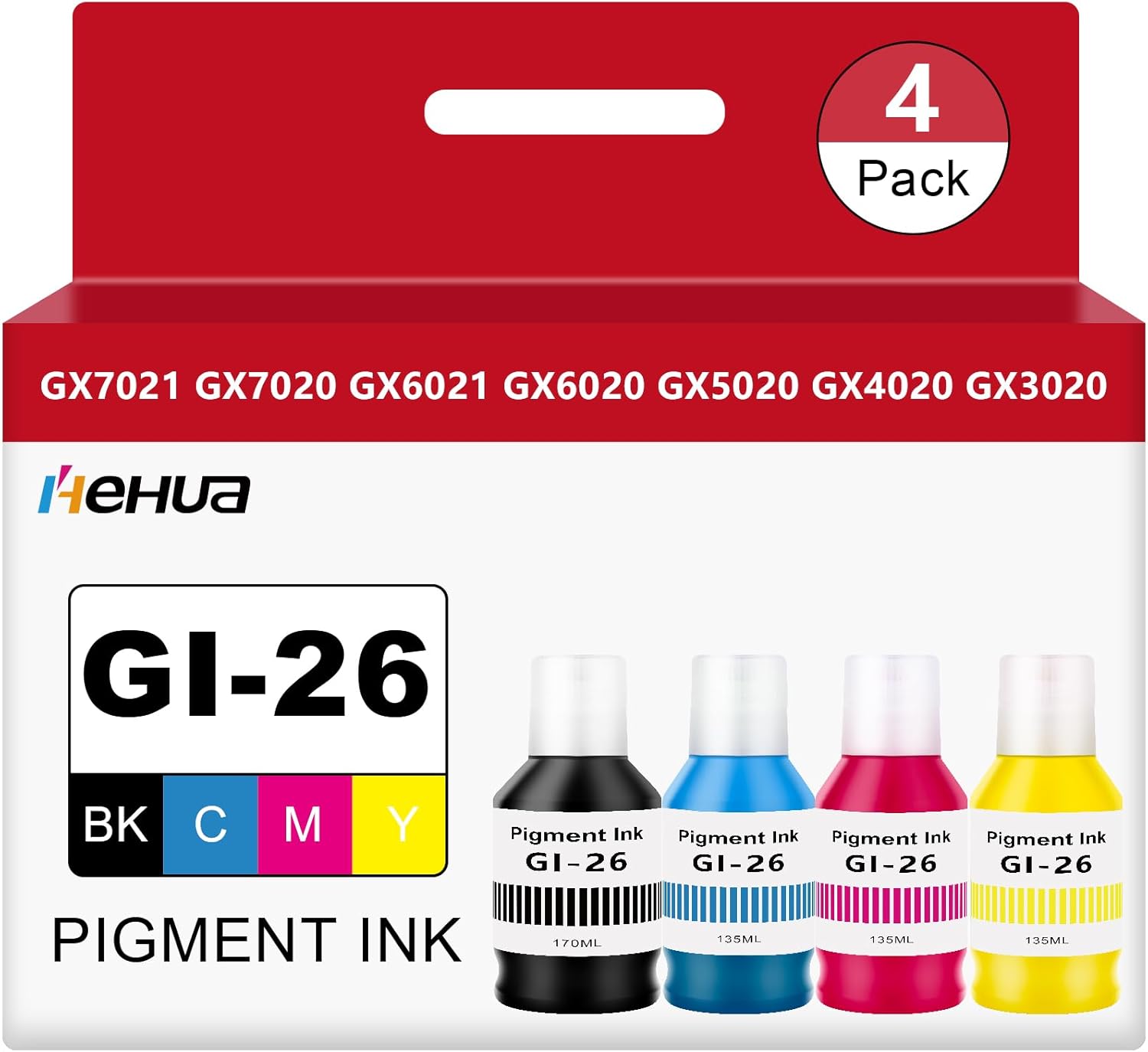 hehua GI-26 GI26 Ink Bottles (BK/C/M/Y) Compatible for Canon 26 Ink Refill GI-26 GI26 26 Ink Refill Bottles Work for Canon MAXIFY GX7021 Ink GX7020 GX6021 GX6020 GX5020 GX3020 GX4020 Megatank Printer