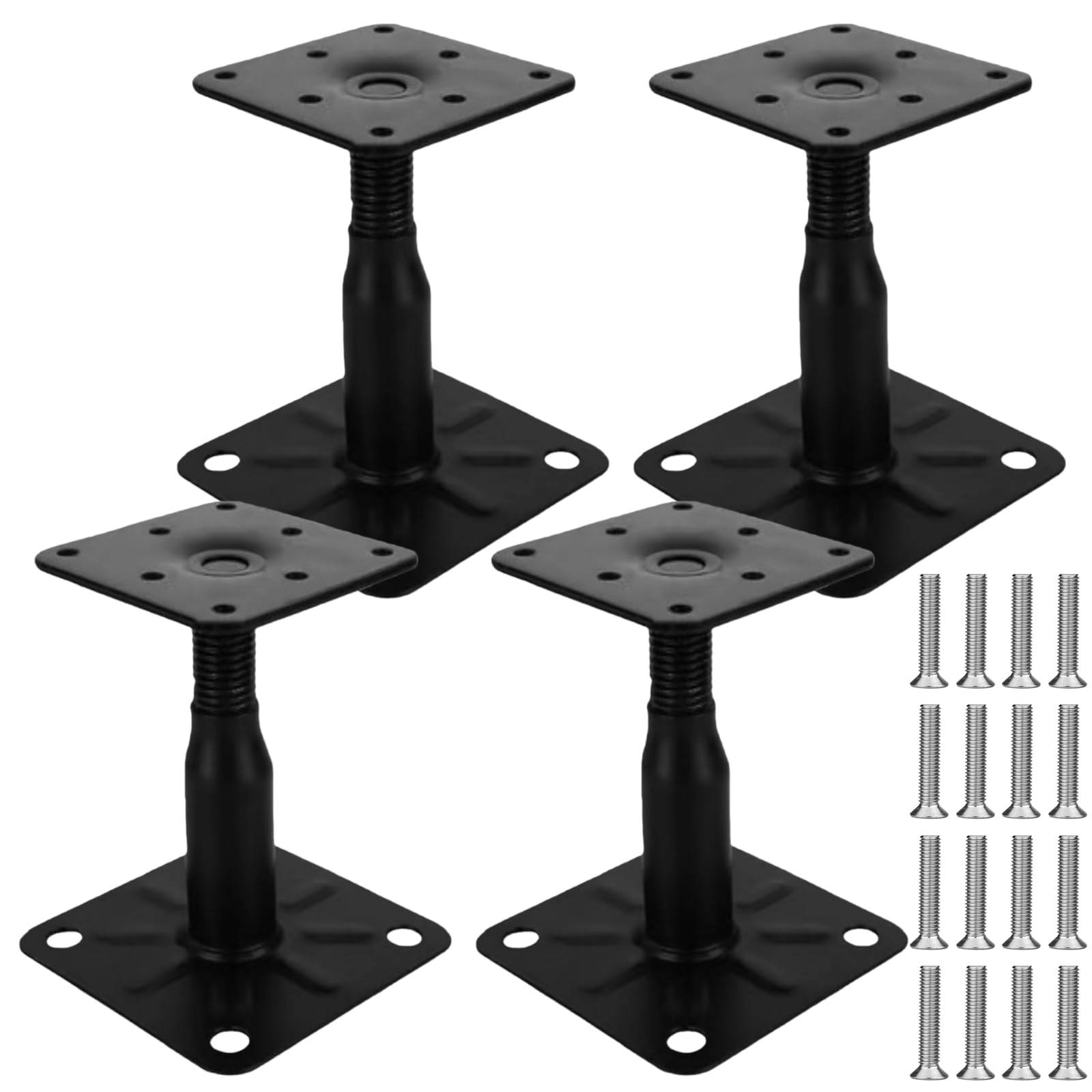 Lot de 4 supports de poteau, 100 à 150 mm, galvanisés, hauteur réglable, avec 16 vis, en acier galvanisé, pied de support pour terrasses, clôtures, abris, pergolas, travaux de construction