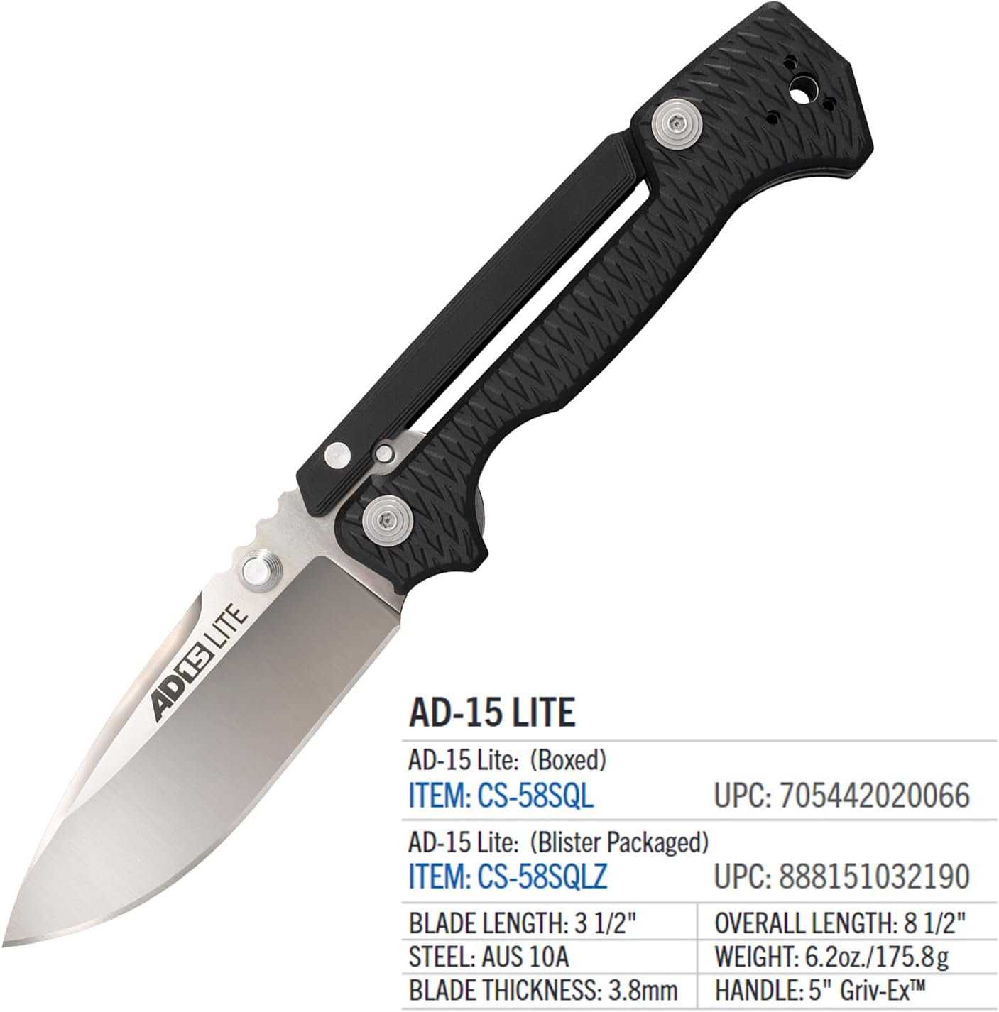 COLD STEEL AD-15 Lite 3.5" AUS10A Steel Ultra-Sharp Blade 5" Griv-Ex Handle Tactical Folding Knife - Scorpion Lock, Pocket/Belt Clip