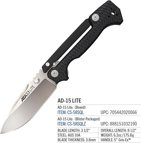 Miniatura 7 de Cold Steel AD-15 Lite - Cuchillo plegable táctico de acero AUS10A de 3.5 pulgadas, hoja ultraafilada de 5 pulgadas, mango Griv-Ex, cerradura de