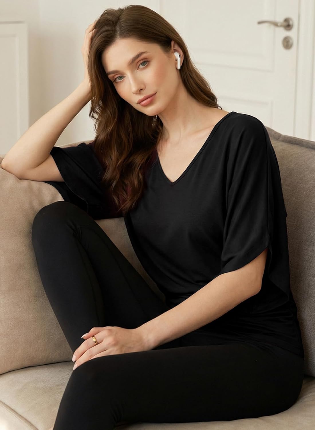 EVALESS Womens Tops Spring Summer Dressy Casual V Neck 3/4 Batwing Sleeve Ruched T-Shirt Business Work Outfits Blouses - Image 6