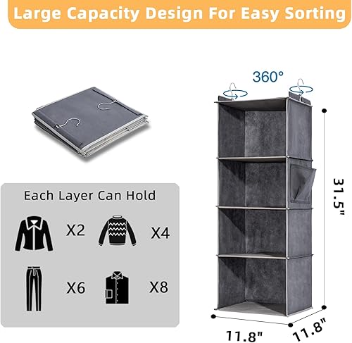 Miniatura 8 de 2 Packs Hanging Closet Organizer, 4-Shelf Closet Organizers and Storage with Side Pockets, Collapsible Hanging Shelves for Closet & RV & College