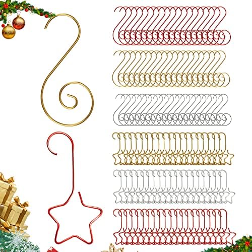 NeverGarden 120Pcs Christmas Ornament Hooks for Hanging Christmas Tree Decorations, 60 S Hooks + 60 Star Hooks, Gold, Silver, Red