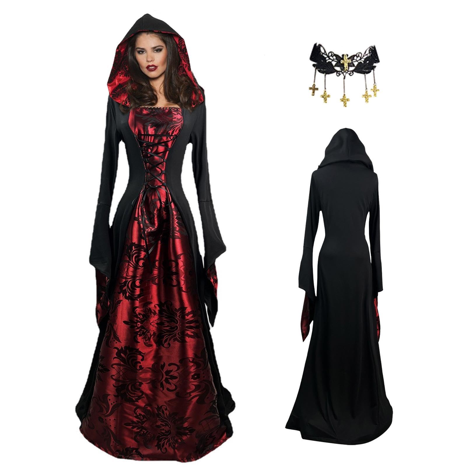 Vestido Gótico Y Medieval Para Mujer | Disfraz De Halloween Con Mangas Trompeta Y Tocado De Cuernos | Ideal Para Carnaval, Fiesta Y Cosplay