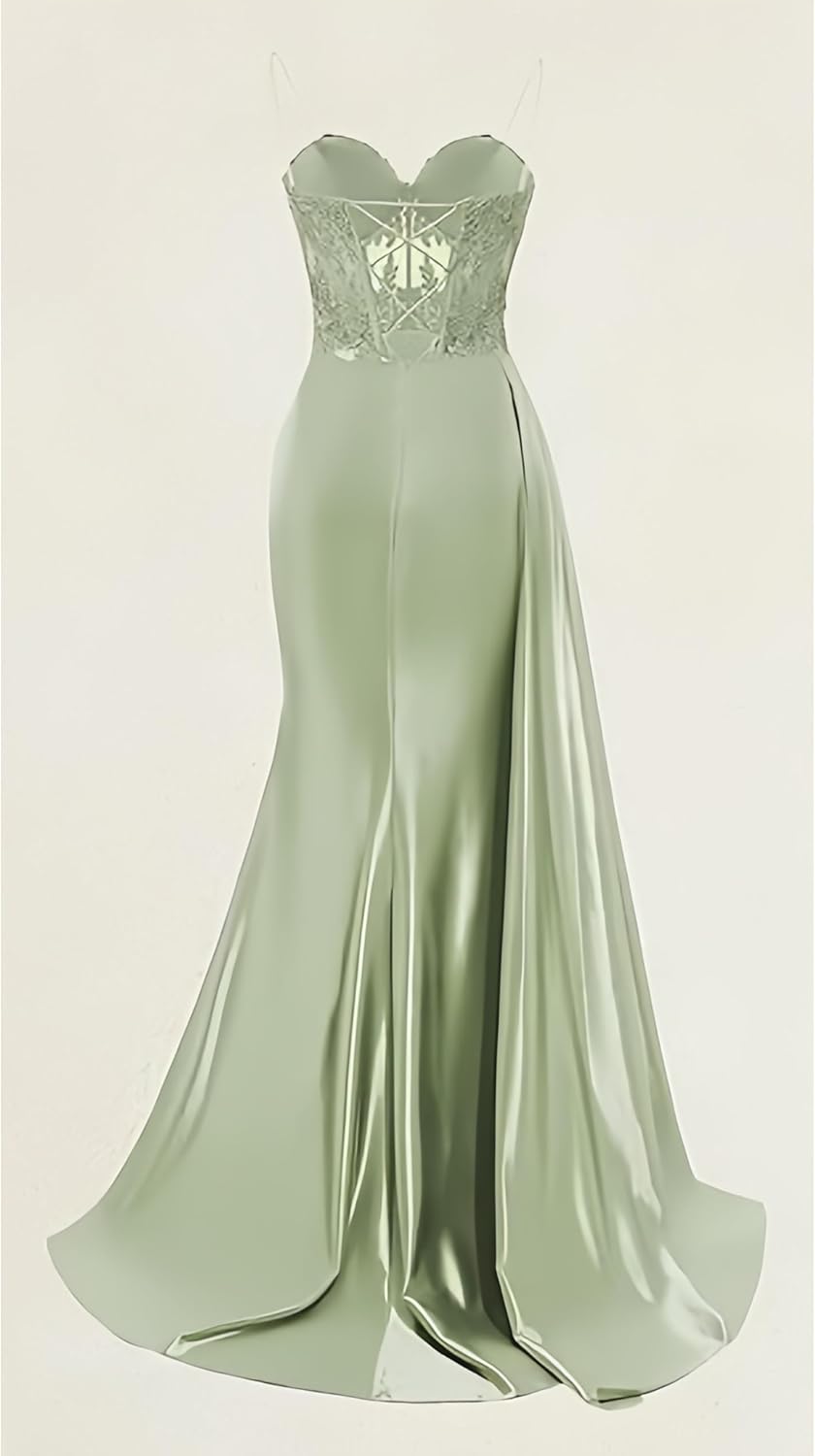 Satin Prom Dresses for Women Lace Appliques Pleated Spaghetti Straps Formal Evening Party Gown with Slit