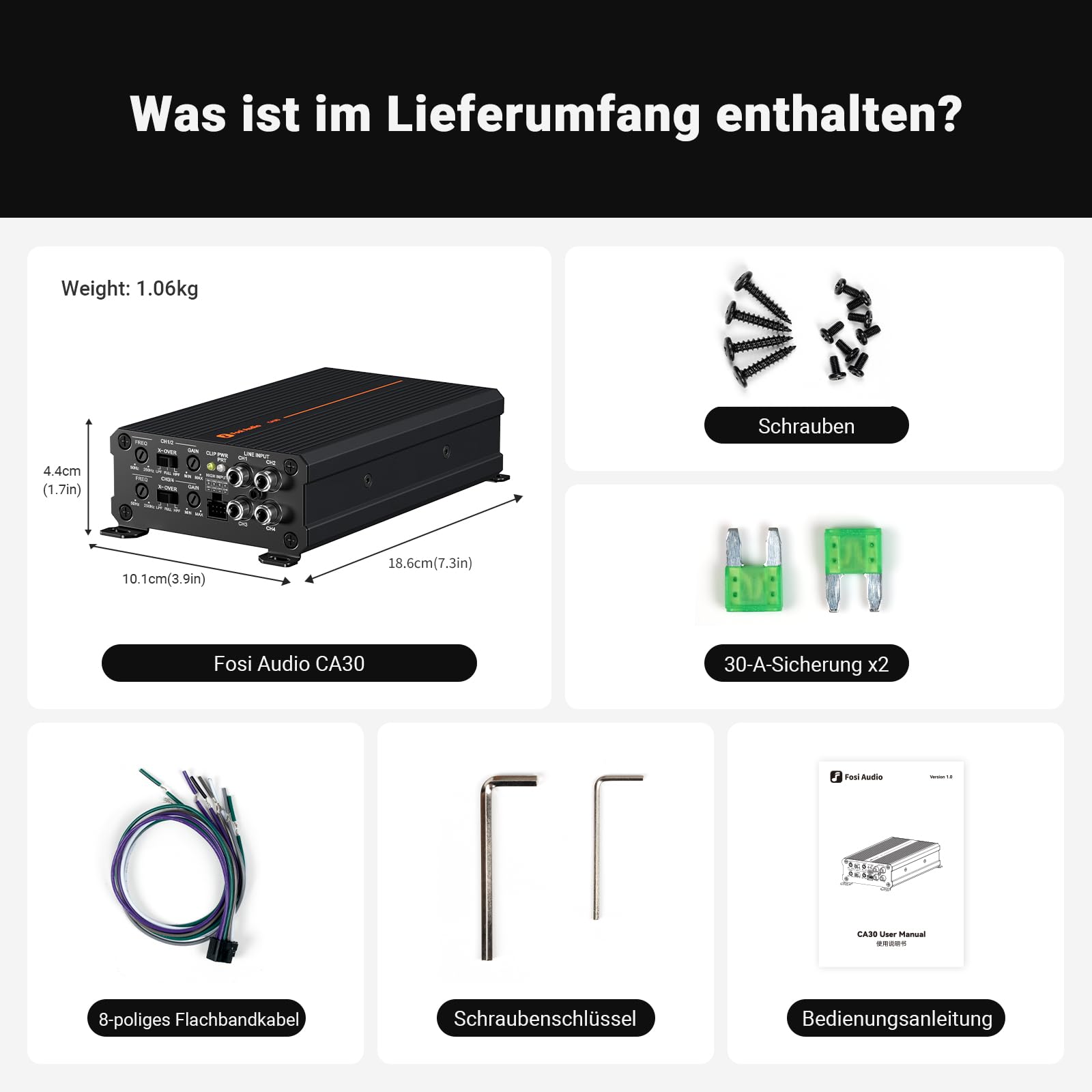 Fosi Audio CA30 4-Kanal-Autoverstärker, Klasse D Endstufe Unabhängige Frequenzweiche, Cinch-/Hochausgang, 88% Wirkungsgrad, 100W x 4 bei 4 Ω/320 W gebrückt,HPF/LPF Filter, 12V Auto HiFi Verstärker