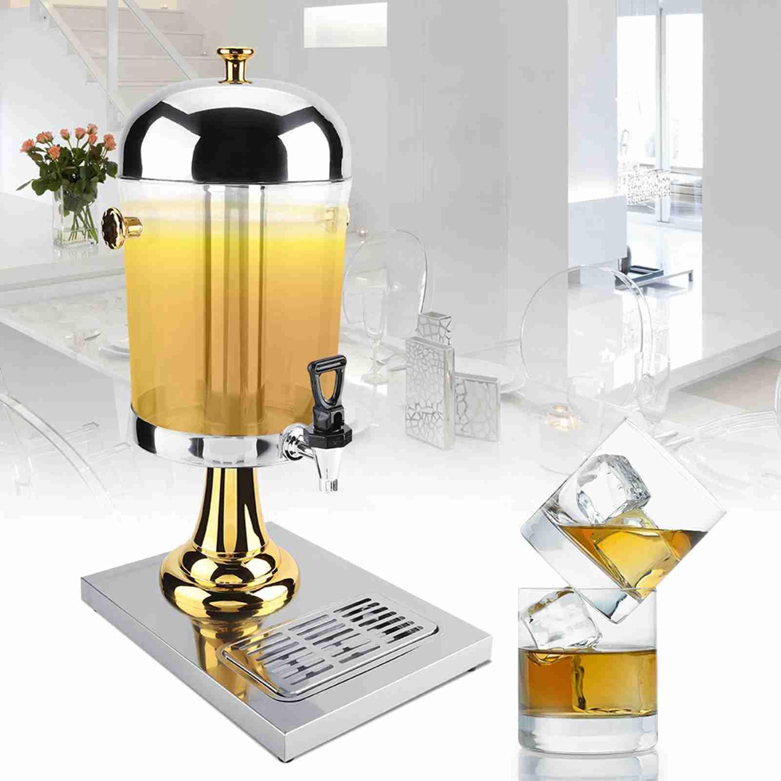 Acciaio Inossidabile Distributore di Succo, 8L Distributore di Bevande Calde e Fredde con Supporto, no elettricità Necessaria per Ristorante Bar Buffet (testa singola in argento)