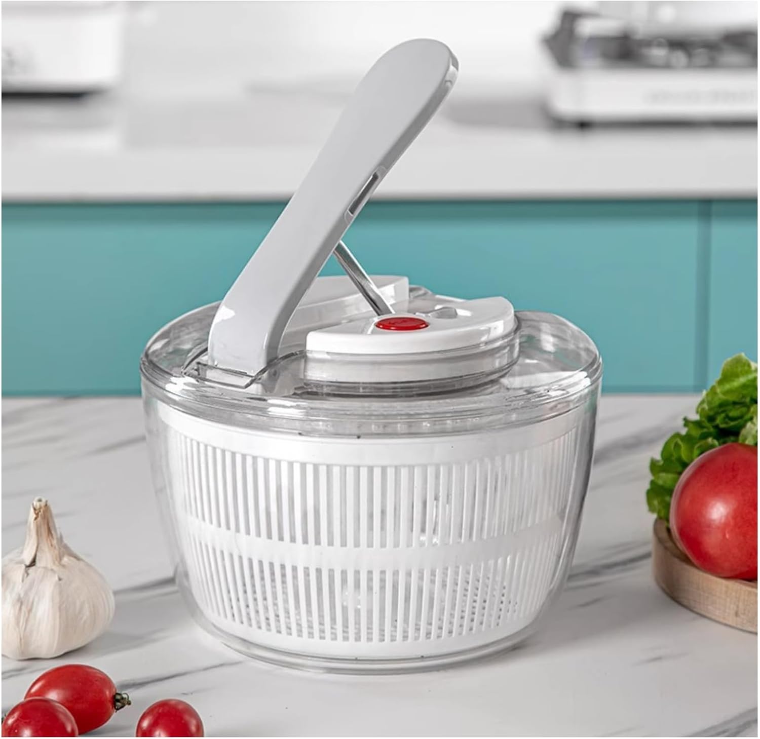 Push-Button Salad Spinner & Tosser - Leak-Resistant Dual Basket for Fresh Greens, Food Safe Mixer and Water Remover for Lettuce, Berries, Vegetables (White 3L(Medium))