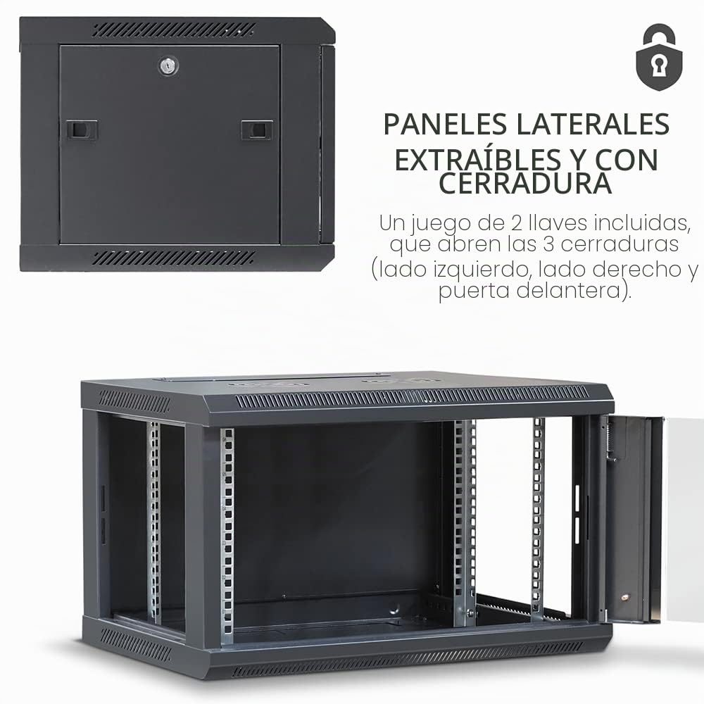 WAYTEX 37401 - Caja de Armario de Red de 19 Pulgadas, 6U – 600 x 450 x 368 mm – Montaje en Pared o Patas suministradas – Puerta de Cristal con Cerradura – Color Negro