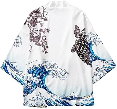 Traditional Japanese Men's Kimono Cardigan Japanese Male Yukata with Wave Carp Print, Haori Coat Japan Clothing Open Front Traditional Coat