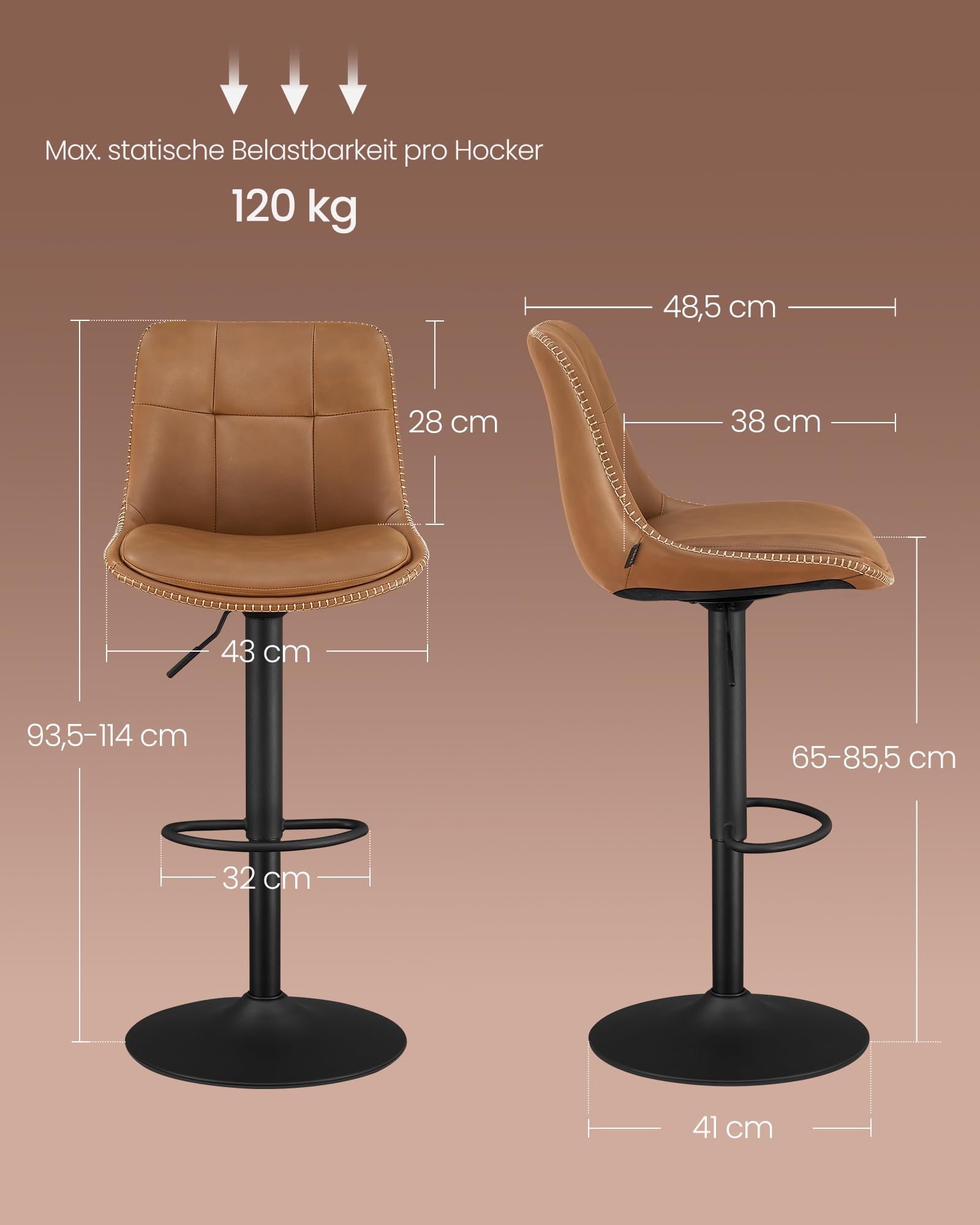 VASAGLE Barhocker 2er Set, Barstühle höhenverstellbar, drehbare Küchenhocker, gesteppter PU-Bezug, mit Rückenlehne und Fußstütze, Esszimmer, Theke, Stahl, karamellbraun LJB095K01