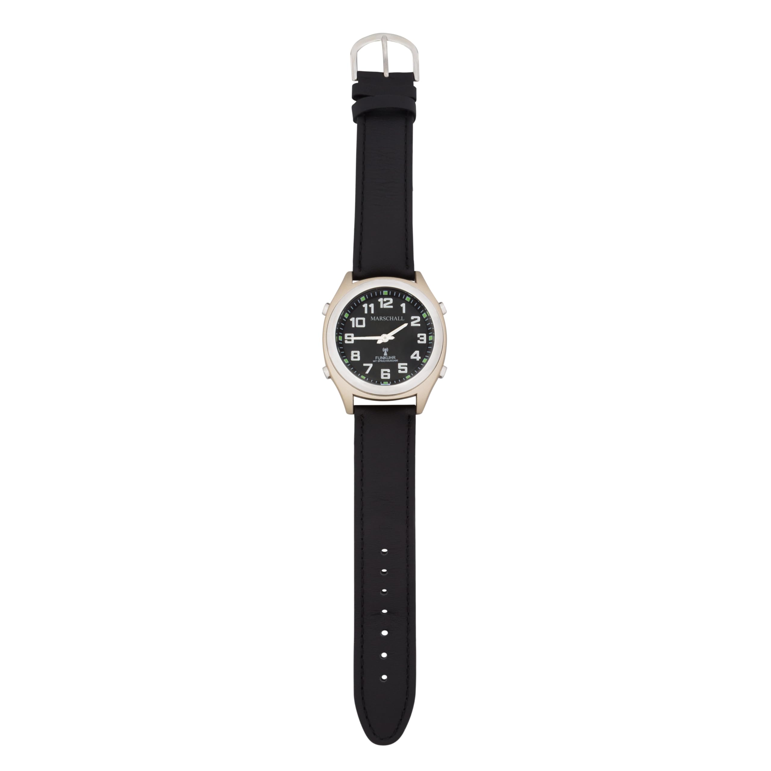 Marschall Deutsch sprechende Herren Funk-Armbanduhr I 1130L I Für Blinde, Senioren und Sehbehinderte I Datum- und Zeitansage I Extra große Zeiger I Schwarzes Lederarmband