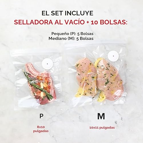 Vista 4 de Chef Preserve Sellador al vacío compacto para alimentos (máquina selladora al vacío + 10 bolsas de vacío reutilizables) Potente máquina selladora al