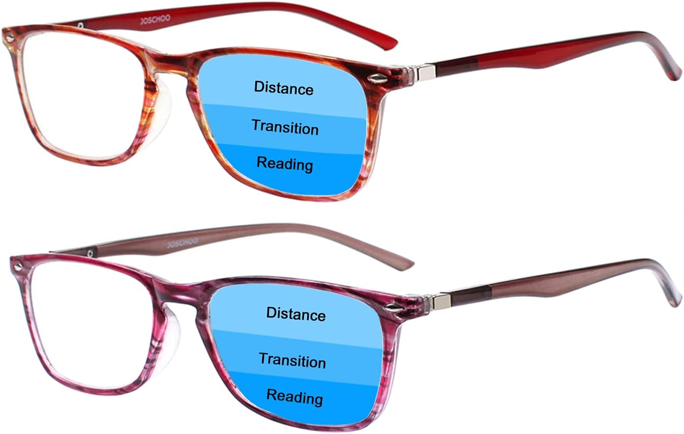 2 Pack Progressive Multifocus Reading Glasses Men and Women Computer Blue Light Blocking Anti Eyestrain Readers (Red Purple, 2.50)