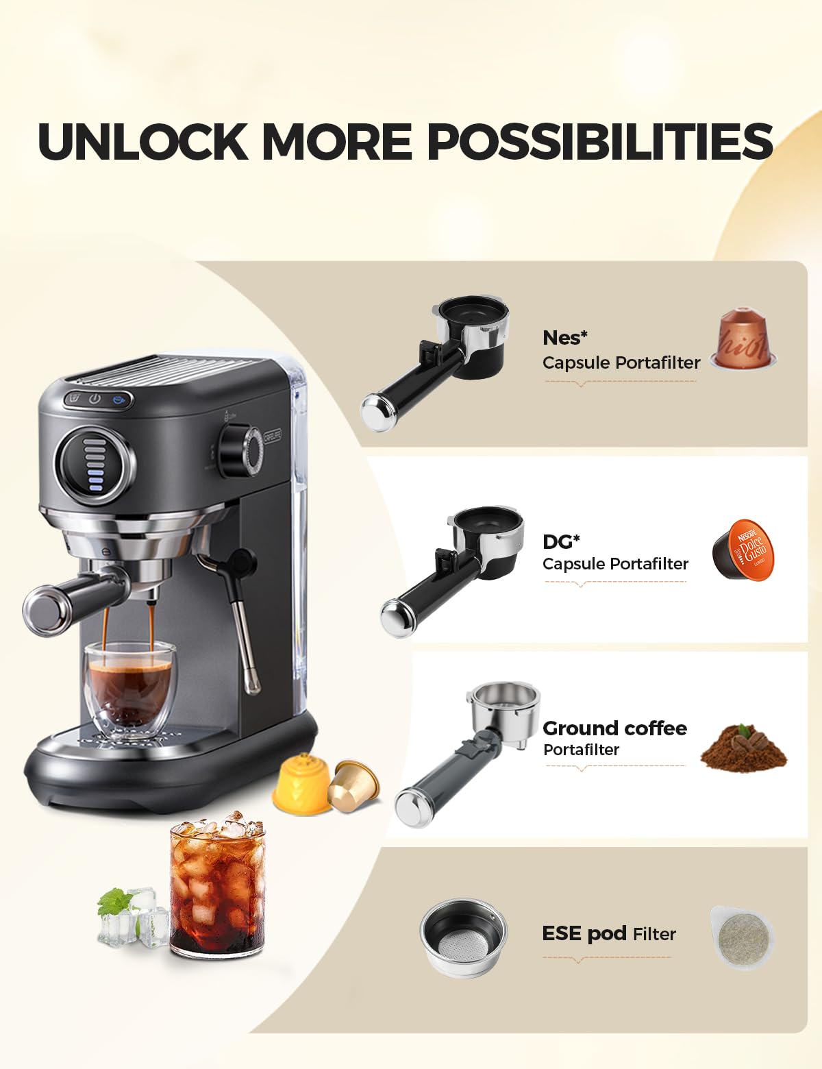 CAFELFFE Macchina per caffè espresso con montalatte, macchina per caffè caldo e freddo, per capsule Nes* e DG*, cuscinetti ESE e fondi per caffè, 7 livelli di selezione del quantitativo di caffè