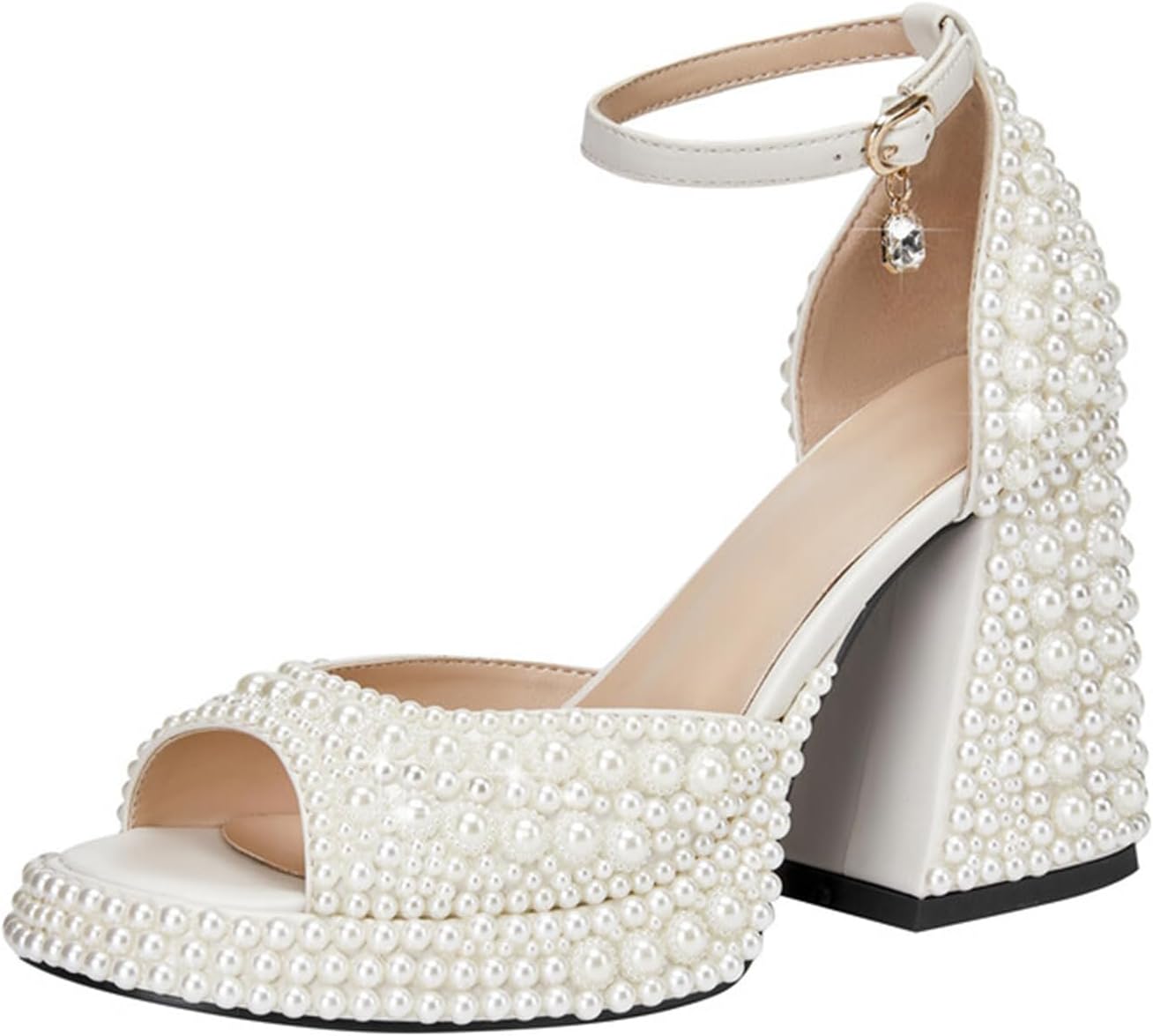 Goolita Womens Open Toe Pearl Platform Heels For Women Chunky Buckle Ankle Strap Wedding Heeled Sandals Dress Evening Bride Bridal Shoes