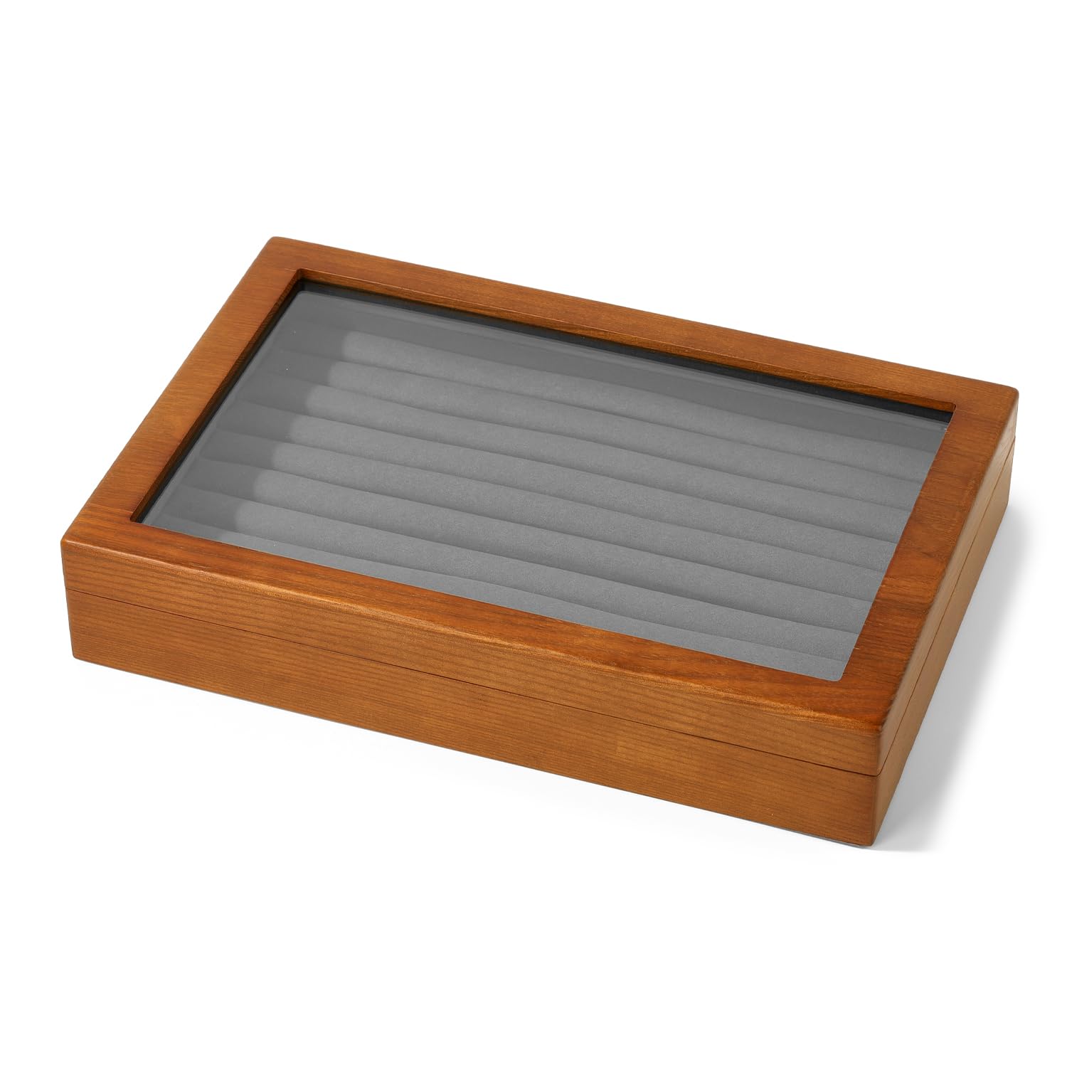 Oirlv Caja de almacenamiento con tapa de cristal de madera maciza con 9 ranuras para anillos y pendientes