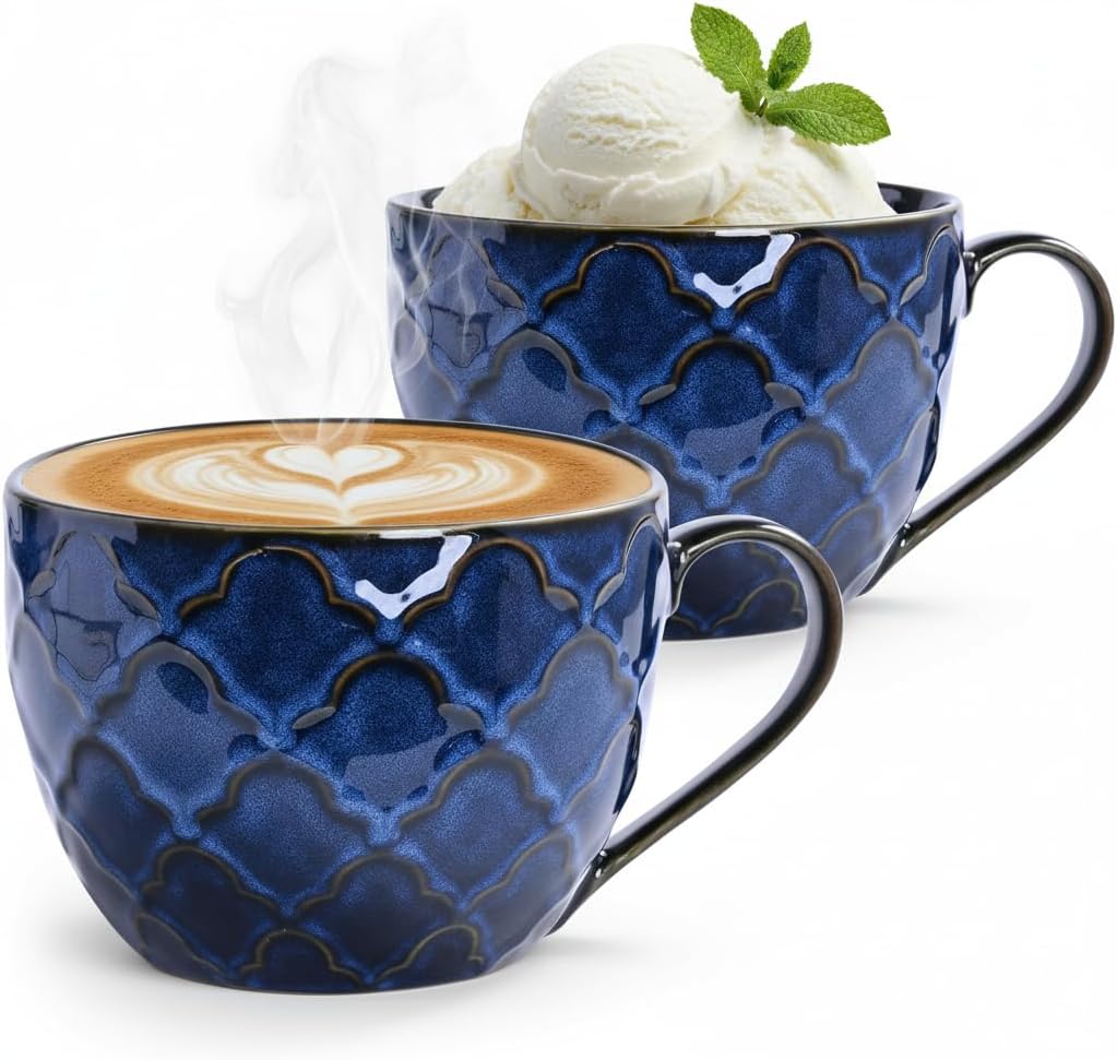 Ceramic Extra Large Coffee Mugs with Handles, 24 oz Coffee Cups, Large ceramic mugs for Hot Chocolate, Cappuccino, Ramen,Oatmeal, Microwave SafeSet of 2 (Reactive Glaze Blue)