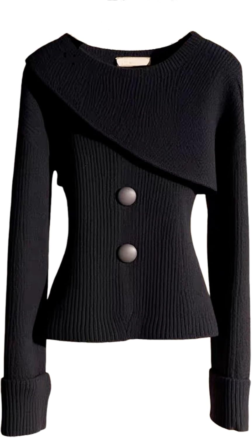 Women's Black Crew Neck Tunic Sweaters Long Sleeve Slim Fit Ribbed Knit Pullover Tops Ladies Formal Casual Clothes