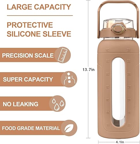 Miniatura 7 de Tronco Botellas de agua de vidrio de 64 onzas con tapa de popote y marcador de tiempo, botella de agua motivacional grande de medio galón con funda