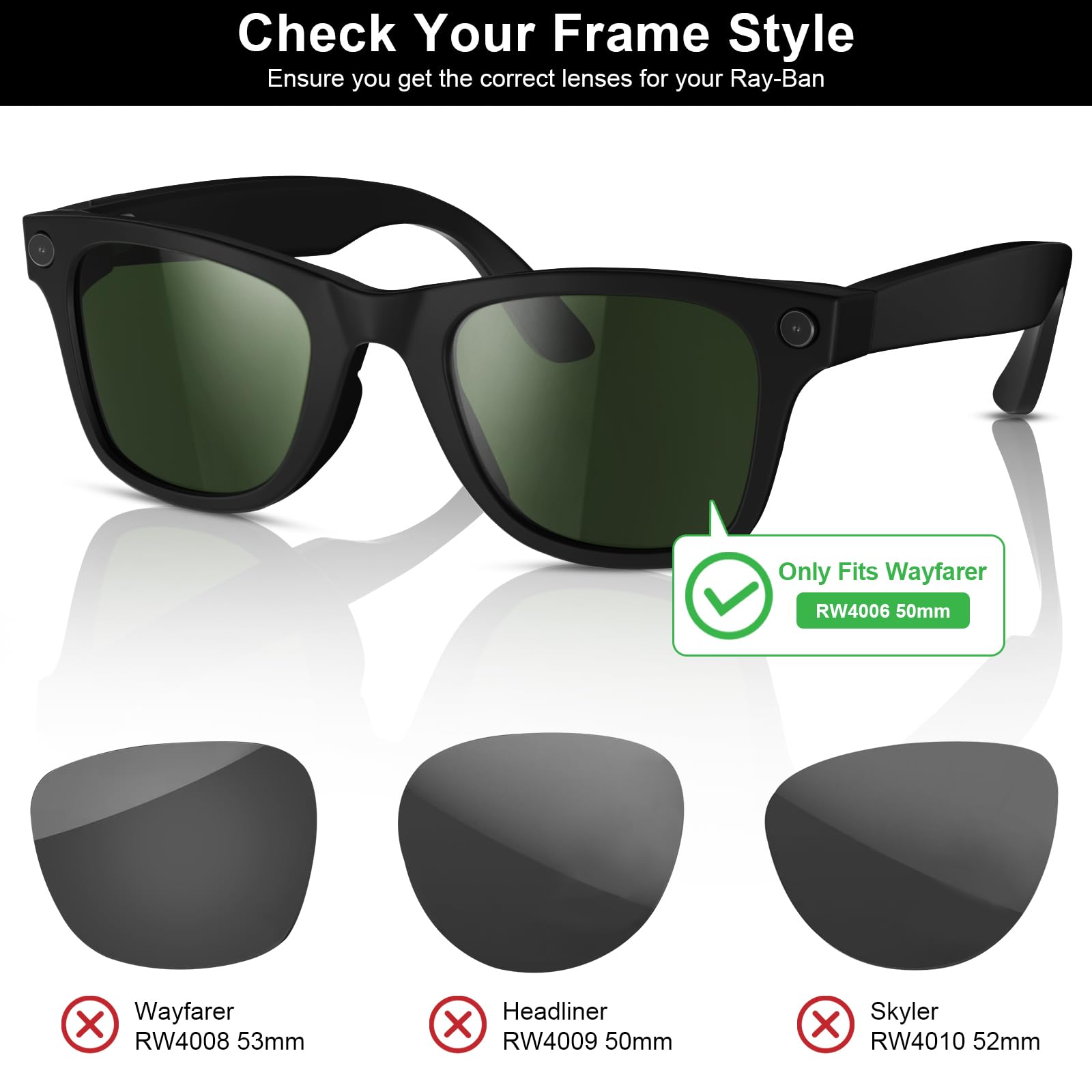 Lentes de repuesto compatibles con gafas inteligentes Ray-Ban Meta Wayfarer RW4006 (50 mm)