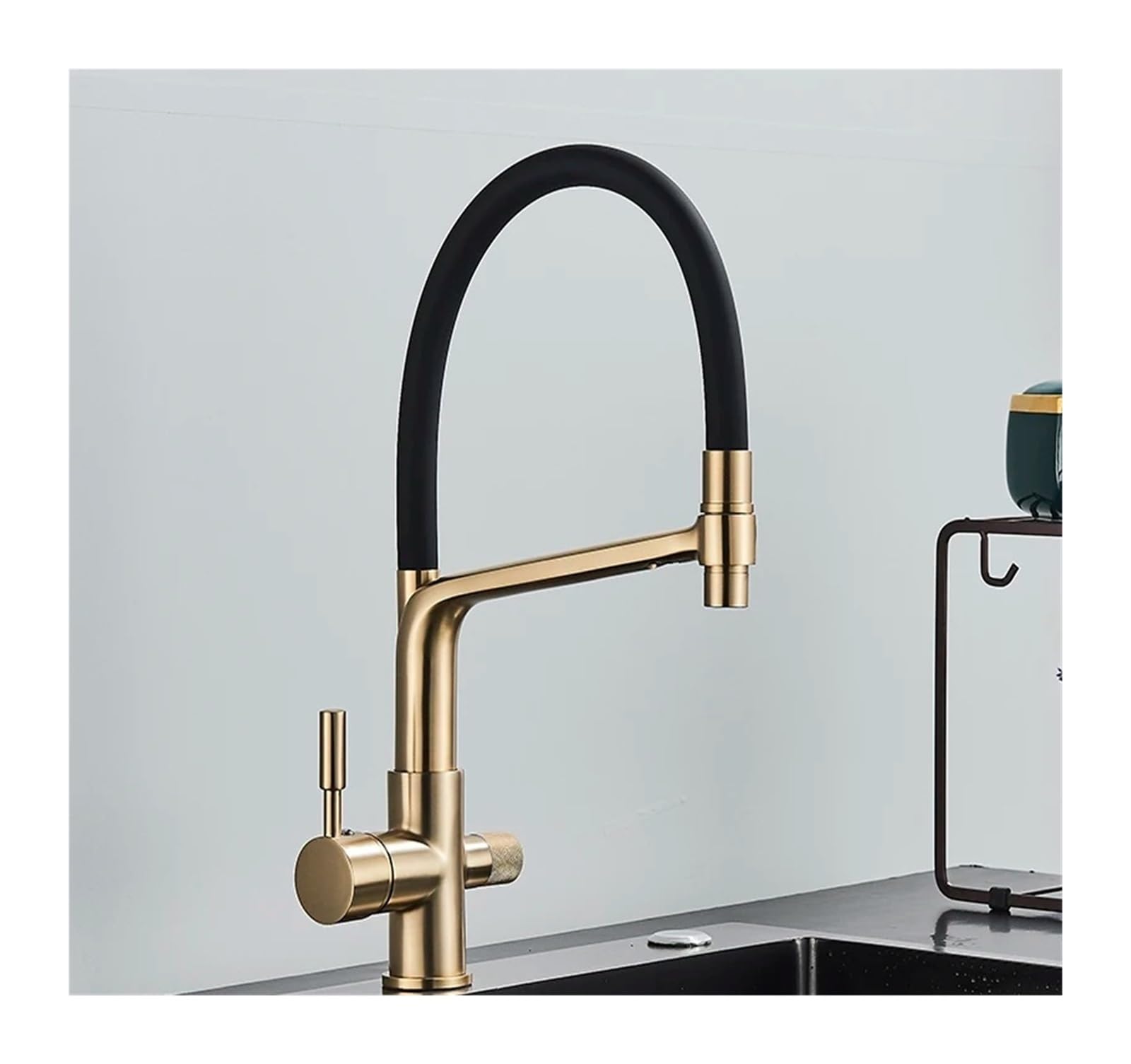 Grifo de Cocina con Filtro de Agua y Doble manija, Grifo de Cocina con Acabado Cepillado Dorado, Grifo de Cocina purificador de Agua fría y Caliente, Mezclador de tocador de baño