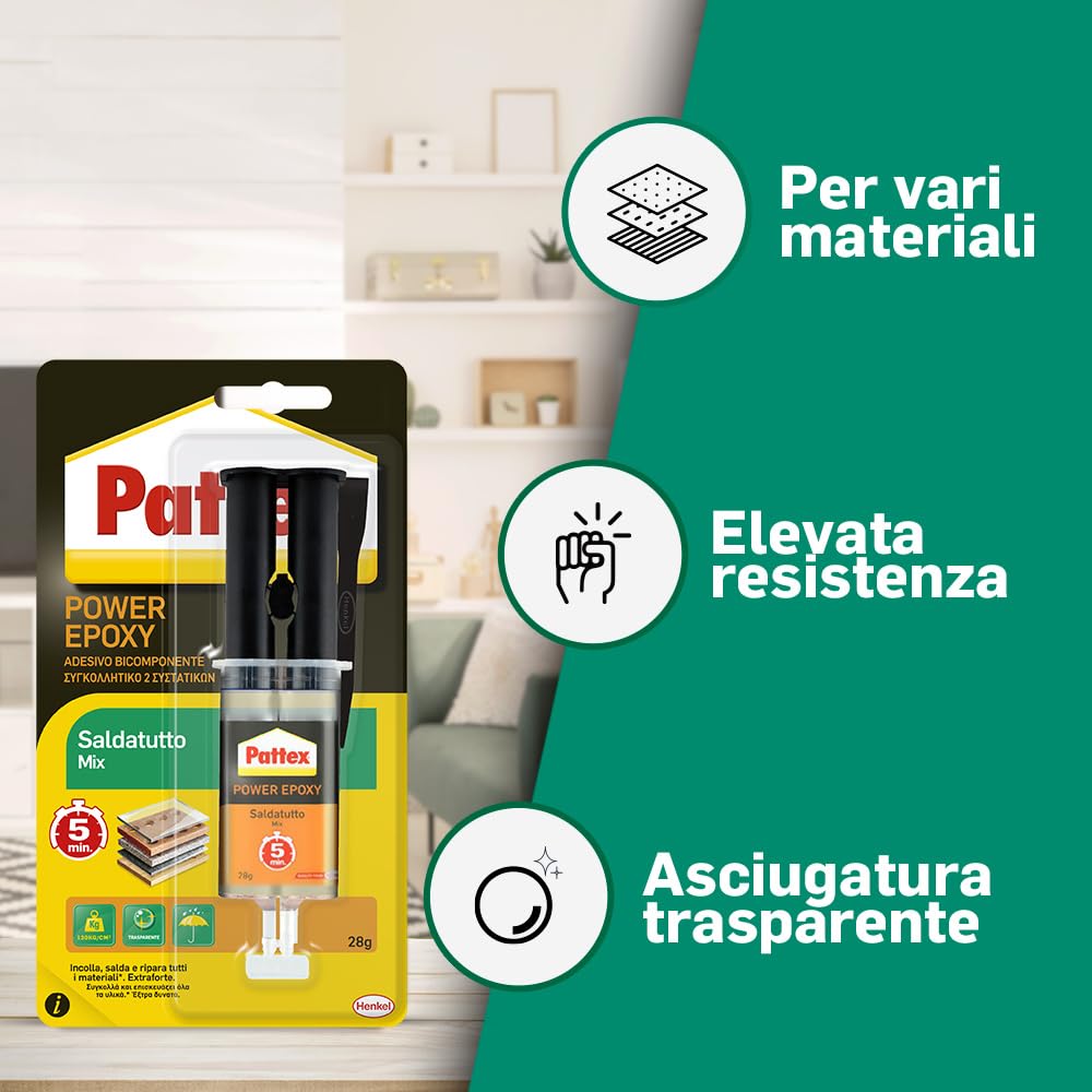 Pattex Power Epoxy Saldatutto Mix 5 minuti, forte Colla epossidica bicomponente, Colla bicomponente per plastica a elevata tenuta finale, Adesivo multiuso multimateriale, trasparente, 1x28g