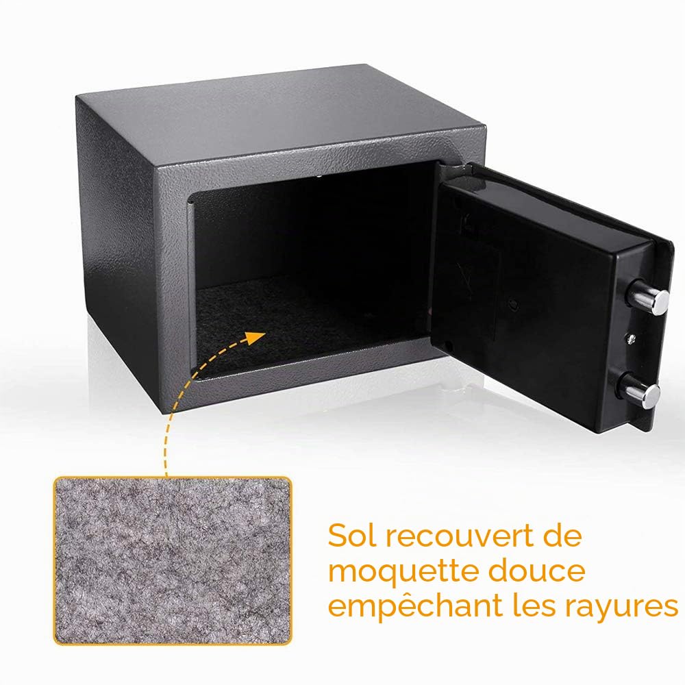 Coffre Fort de Sécurité Numérique Électronique, 4,6L Coffre-fort avec 2 clés d'urgence, Deux Boulon de Verrouillage, Coffre Fort Mural Pour Bureau, La maison, Hôtel, 23cm x 17cm x 17cm, Noir