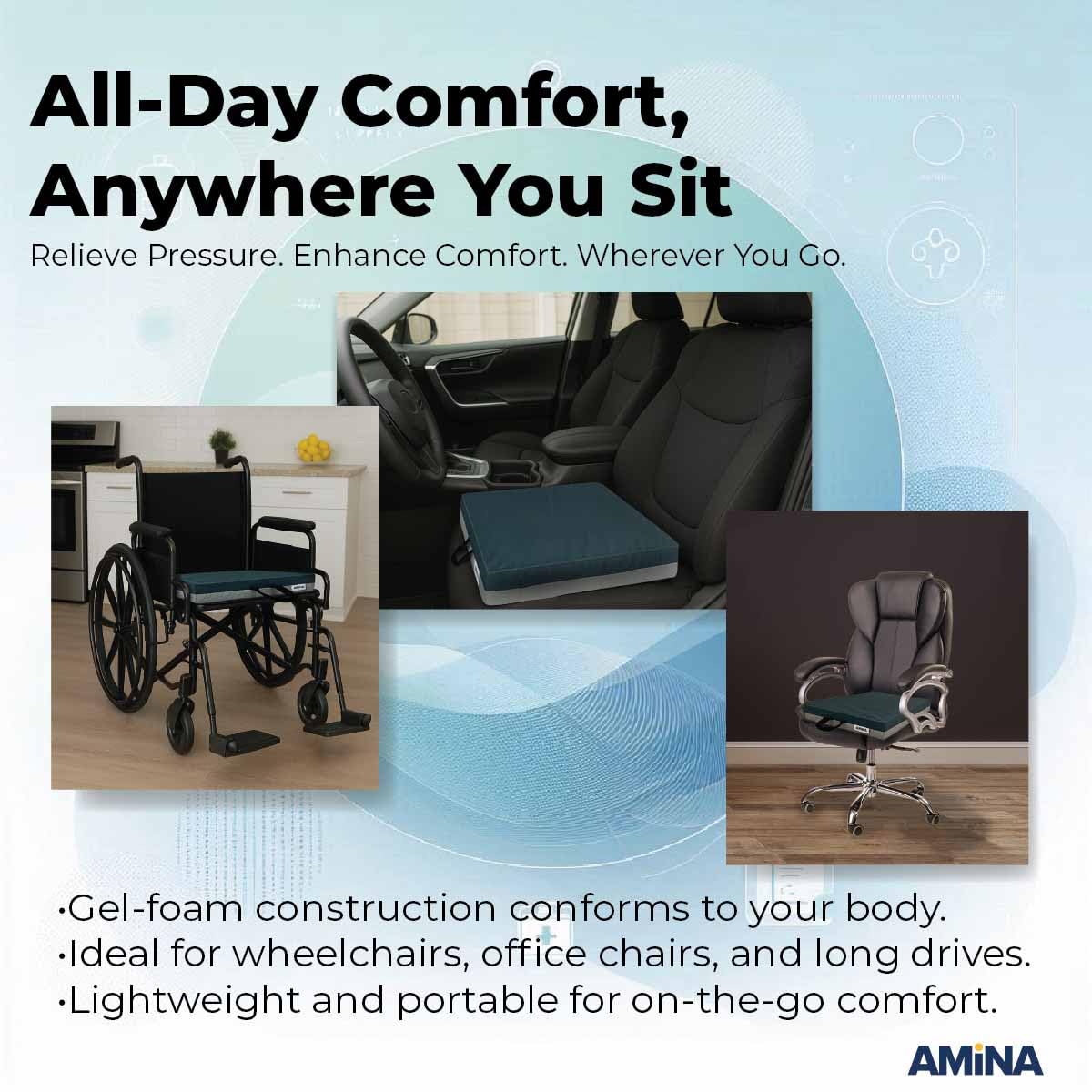 AMiNA Cojín de espuma de gel con protector de piel, cómodo cojín de asiento para sillas de ruedas, sillas de oficina, asientos de coche, antideslizante, resistente al agua, asa de transporte, ideal